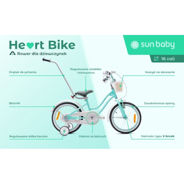 Rower Dziecięcy Heart Bike 16" Miętowy Regulacja Wysokości Boczne